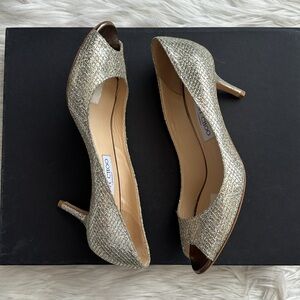 Jimmy Choo Gold Glitter Leather “Isabel” Peep Toe Heels Size 38 1/2